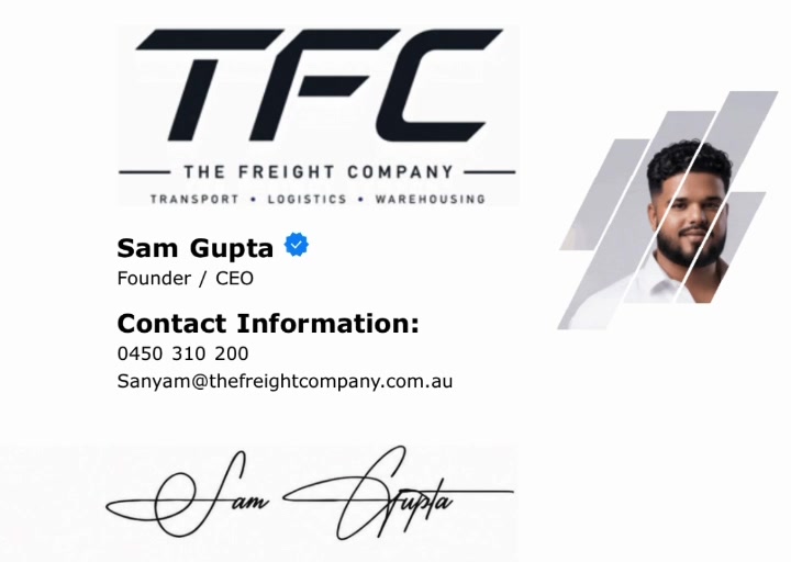Sam Gupta’s email signature with the TFC logo, portrait and handwritten signature